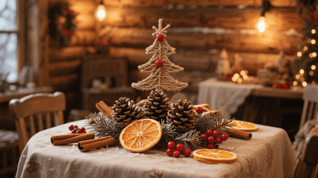 натуральные зимние украшения на столе: шишки, корица и апельсины