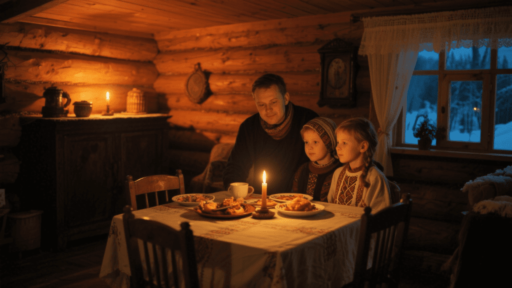 деревянный интерьер с тёплой цветовой палитрой и свечами