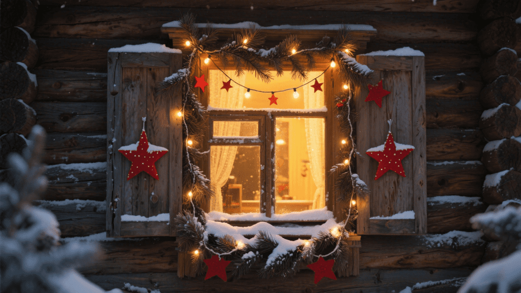 украшенные к Рождеству окна с огоньками и еловыми ветками