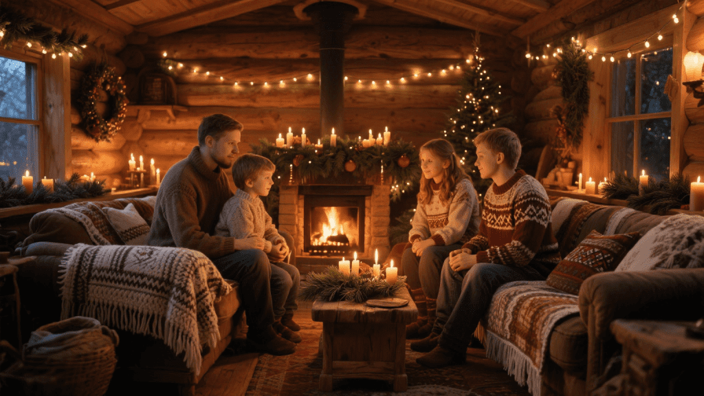 семья у камина в уютной гостиной с зимним декором