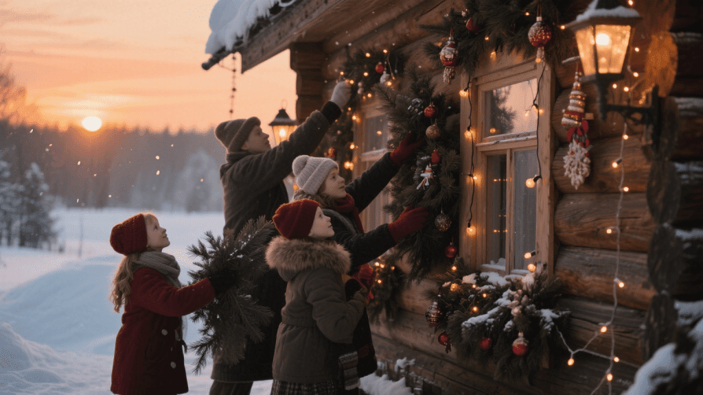 семья украшает дом зимой в деревенском стиле