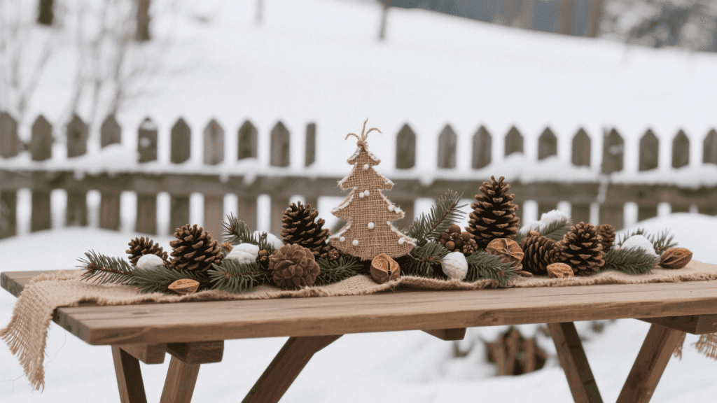 уличный декор из натуральных материалов: шишки, еловые ветки и мешковина