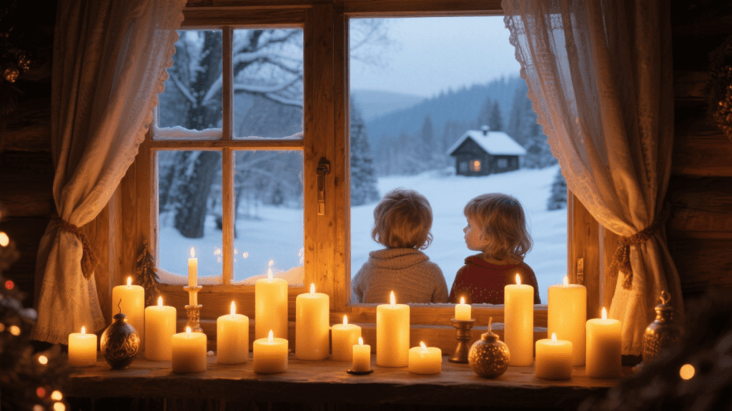зажжённые свечи на подоконнике с видом на снежный пейзаж