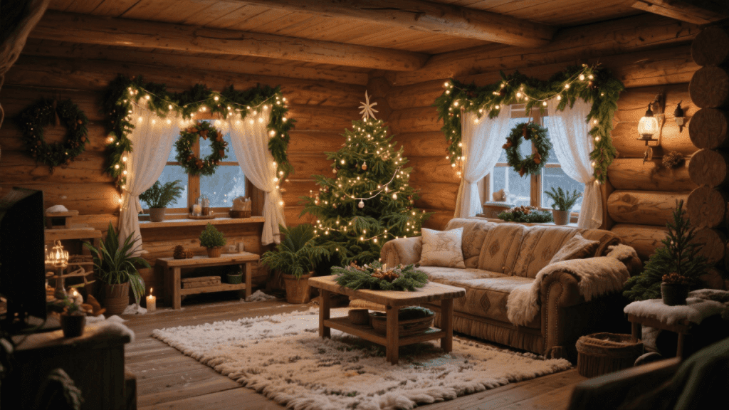 украшенная гостиная в деревенском стиле зимой