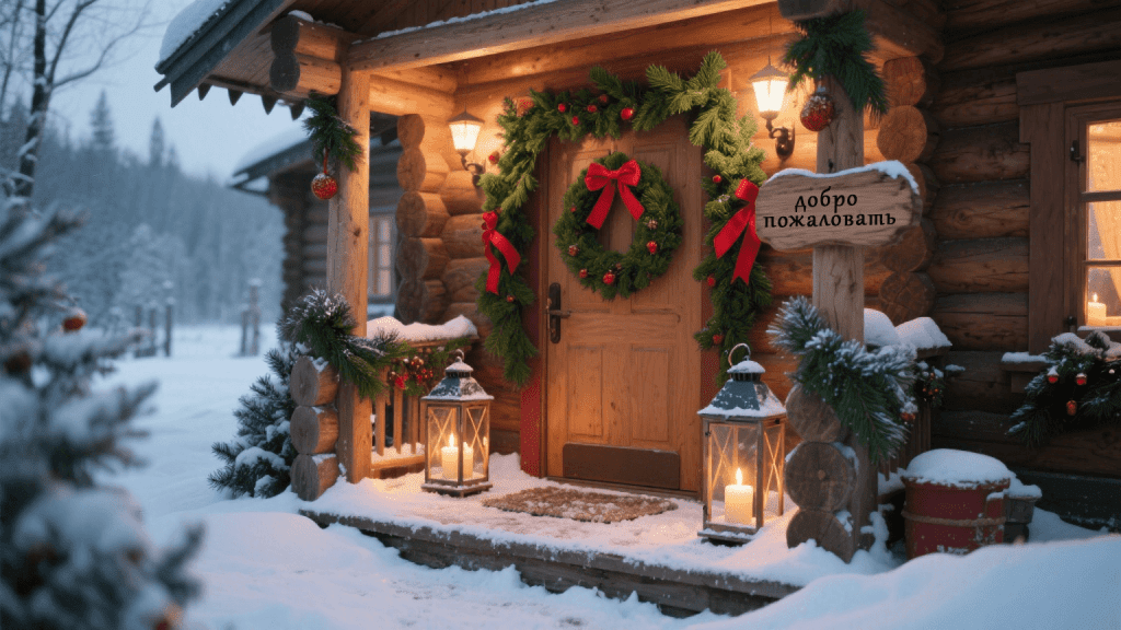 рождественское оформление крыльца в деревенском стиле со свечами и венком
