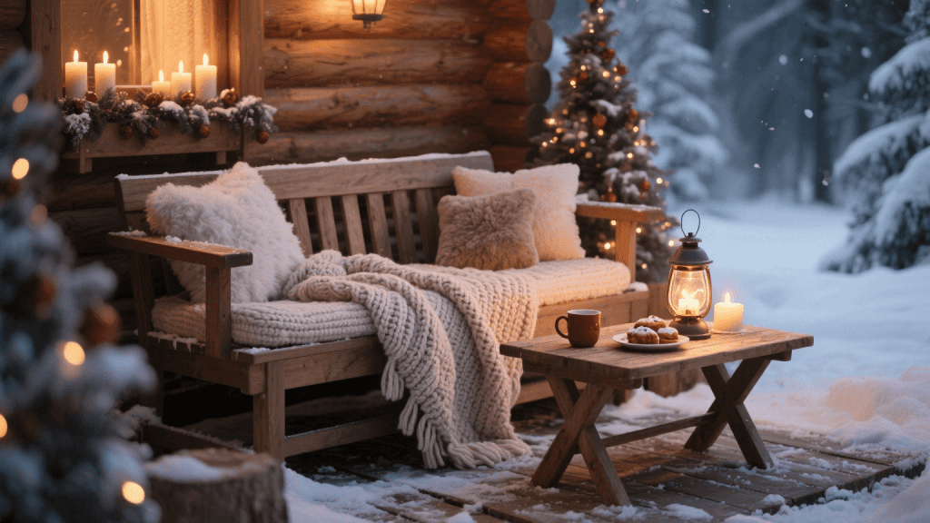 уютный рождественский уголок на улице с пледами и свечами