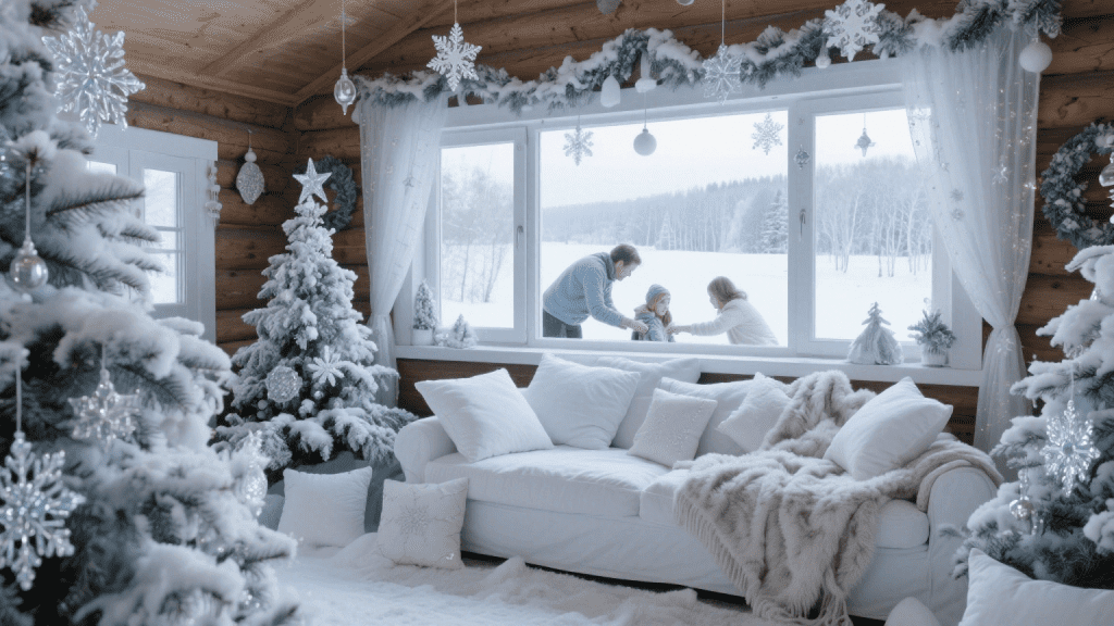 элементы зимнего декора с искусственным снегом и снежинками