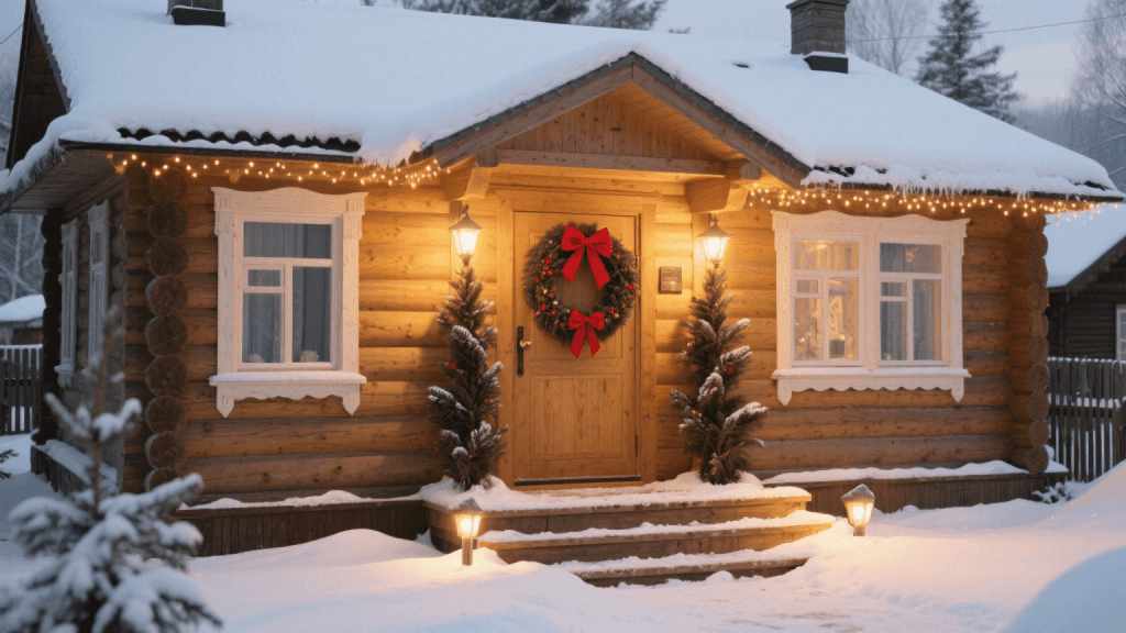 зимний фасад дачи с гирляндой и рождественским венком на двери